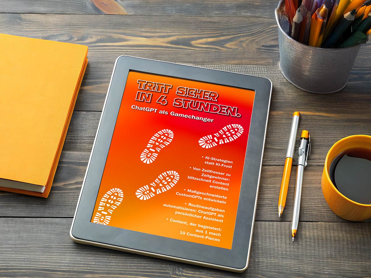 Grafische Darstellung für selbstbewussten Umgang mit KI-Tools, wie z.B. ChatGPT und smarten Promptprinzipien, im eigenen Lernprozess.Tablet mit ChatGPT-Crashkurs – Workshop für KI-Content, Nicole Angela Buck